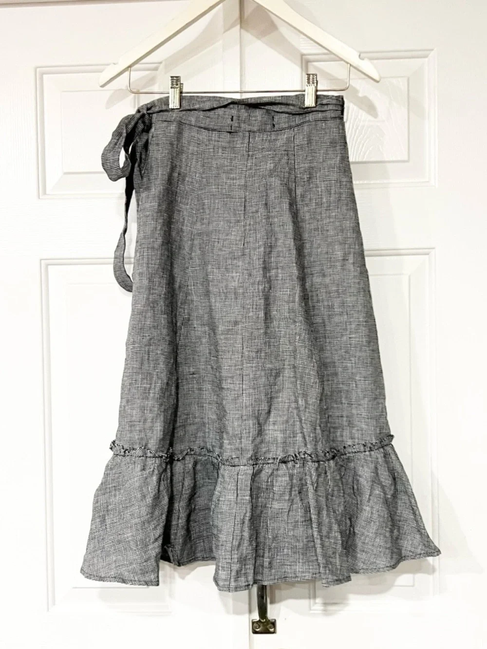 Reformation | Linen Gingham Gray Wrap Midi Skirt with Ruffle Hem